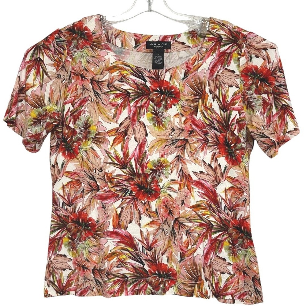 Grace The Perfect Fit Blouse Womens Red Tan Floral Tropical Island Resortwear  M